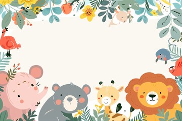 Dynamic Zoo Adventure: Brightly Illustrated Animals Surrounded by an Abundance of Open White Canvas for Textual Embellishment and Branding