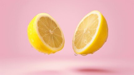 A cut lemon splitting into two halves and levitating on a pastel pink background. Minimal summer concept.