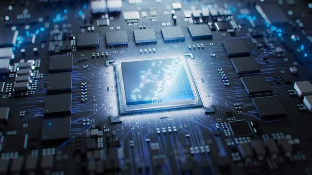 CPU Connection with Motherboard. Futuristic Colorful AI Accelerated Microchip Connecting with a PCB and Powering Entire System. Chip Activates Circuit Board. Semiconductor Surface Transforms to Black