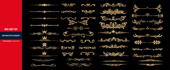 Gold Vintage decor elements and wicker lines icon set, wedding album menu elements icon set, Calligraphic design elements.