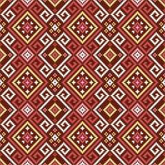 This fabric pattern explodes with color! A vibrant ethnic design features bold geometric shapes seamlessly interlocking in a dynamic repeat.