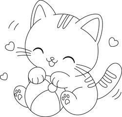 Coloring page of cute cats is playing with ball. Graphic elements for kids. Cartoon hand drawn style.