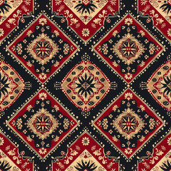 Ethnic ikat seamless pattern geometric abstract designs with traditional motifs.