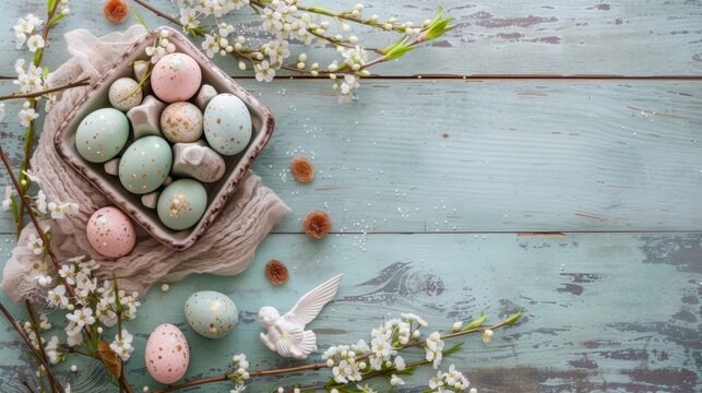 Place for text. Painted Easter eggs on a white wooden background among flowers and decorations. Background for Easter holiday