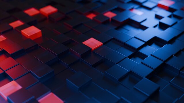 Abstract background from semi-transparent cubes. Some of which have a glow. There is a blur effect on the background. 3D render. Maximum resolution 8K.