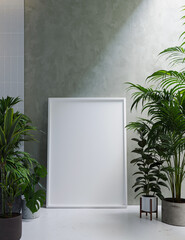 Mock up poster in beautiful bathroom, Floral background, palms plant.