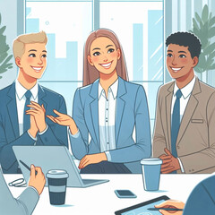 Happy businesswoman having a discussion with her colleagues, vector illustration