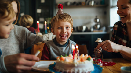 Happy family celebrating boy's birthday at home. - Powered by Adobe