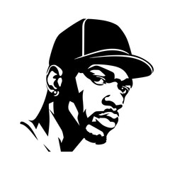Black man african-american rapper wearing a cap black and white vector illustration isolated transparent background logo, cut out or cutout t-shirt print design