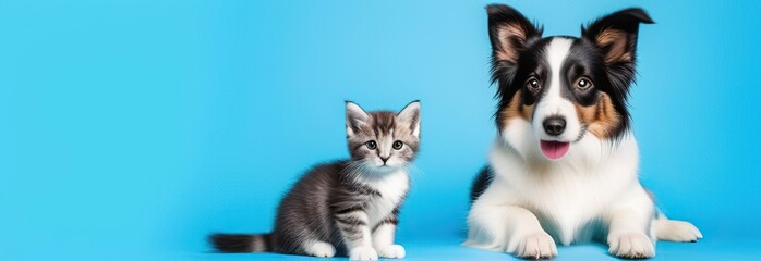 Puppy dog border collie and little grey kitten and stethoscope isolated on light blue background. Little dog on reception at veterinary doctor in vet clinic. Pet health care and animals concept Banner