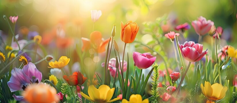 A vibrant assortment of flowers blooming in the lush green grass under the bright sun, creating a lively scene in nature.