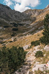 Hiking trail high in the mountains with lots of rocks and dry grass in the autumn, Durmitor, Montenegro