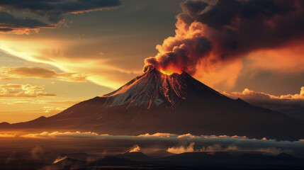 A volcano is erupting with lava and smoke