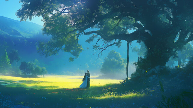Watercolor style image of a man and woman couple embracing under a tall tree on the grass.