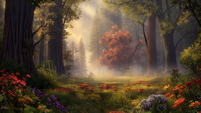 Beautiful colorful forest with flowers and lawn with fog in the junkle.