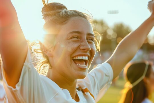 Victory Embrace: Close-Up Photo of Female College Soccer Player Celebrating Win in Outdoor Stadium Under Natural Afternoon Sunlight