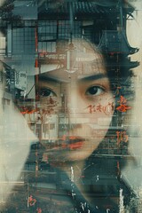 Naklejka na ściany i meble City Dreams: Surreal Photography Featuring Japanese Woman in Double Exposure Cityscape