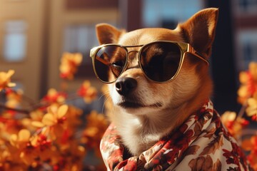 Fashionable dog wearing bright sunglasses and clothes, enjoying a sunny day outdoors in style