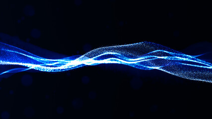 Abstract representation of blue light waves on dark background. light dynamics in a digital art form. 3D rendering.