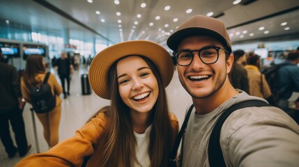 Capture the joy of a cute couple of young people, smiling and having fun in the airport, taking a selfie together and looking at the camera 