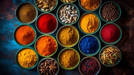 A collection of colorful spices in small ceramic bowls.