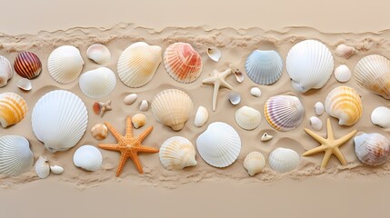 A collection of seashells arranged on a sandy beach.