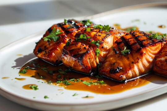 glazed salmon steaks on white plate in editorial food photography style