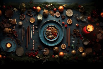 Overhead shot capturing the magic of a festive atmosphere, with carefully arranged decorations forming an attractive background for text.
