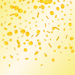 Bitcoin coins falling. Cryptocurrency scattered