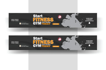 Gym youtube cover banner and fitness youtube thumbnail design template for social media.