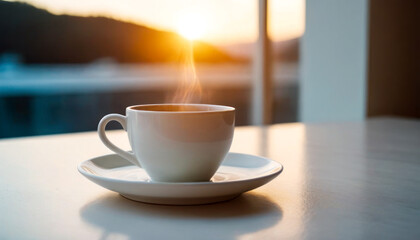 Morning Coffee: A white cup filled with steaming coffee rests on a clean white table, casting a subtle shadow. creating a serene morning scene.