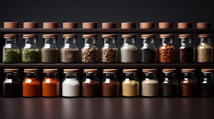 A collection of various spices arranged in glass jars.