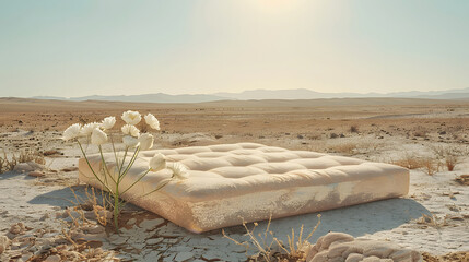 Fototapeta na wymiar A luxury bed covered in sparkling crystals, sits in the middle of a desert. The sun is shining brightly in the background.