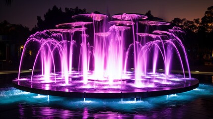 A futuristic floating fountain featuring LED lights illuminating synchronized water displays - obrazy, fototapety, plakaty