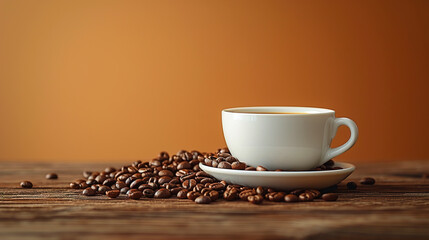 A Simple Coffee cup alongside scattered coffee beans 