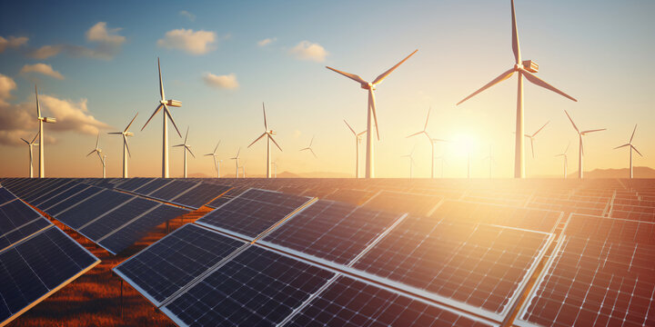 Solarpanels und Windr&auml;der im Sonnenuntergang 