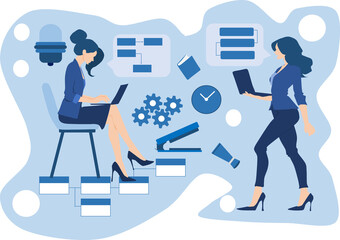 ノートパソコンで仕事をする女性たちのイラスト