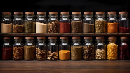 A collection of various spices arranged in glass jars.