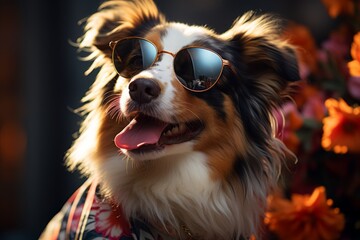 Fashionable dog wearing chic clothes and vibrant sunglasses enjoying sunny day outdoors