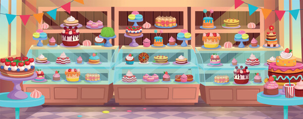 Refrigerator with cakes. Confectionery. Pastry shop interior inside. Cafe or Candy store. Cakes and pastries are on the shelves. Set of holiday cakes and pastries. Happy birthday.Сartoon