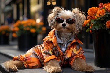 Fashionable dog in bright sunglasses and colorful attire enjoying a sunny day in the park