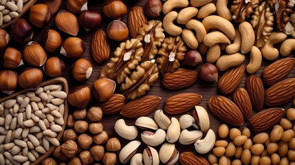 A composition of various nuts in their shells, suitable for nutrition and healthy living concepts.