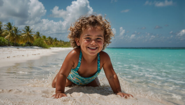 Bambina con i capelli ricci e biondi sorridente  sulla spiaggia di un'isola tropicale in una giornata di sole durante una vacanza