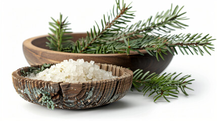 Fototapeta na wymiar Pine bath items. sea salt with fresh branch 