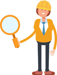 Woman Engineer Character Holding Magnifier
