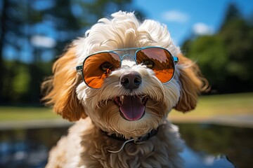 Fashionable dog wearing bright sunglasses and stylish clothes, enjoying a sunny day in the park