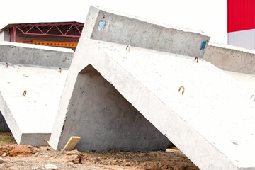Large reinforced concrete structures at the construction site. Preparation for the installation of...