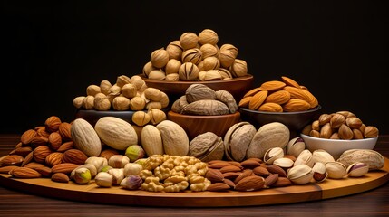 A composition of various nuts in their shells, suitable for nutrition and healthy living concepts.