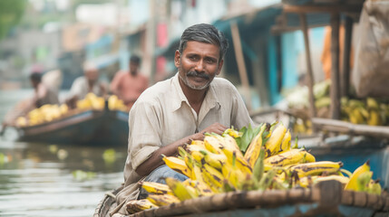 Man selling bananas on a boat.