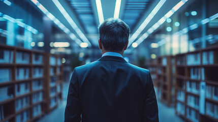 Fototapeta premium Man standing in library aisle.